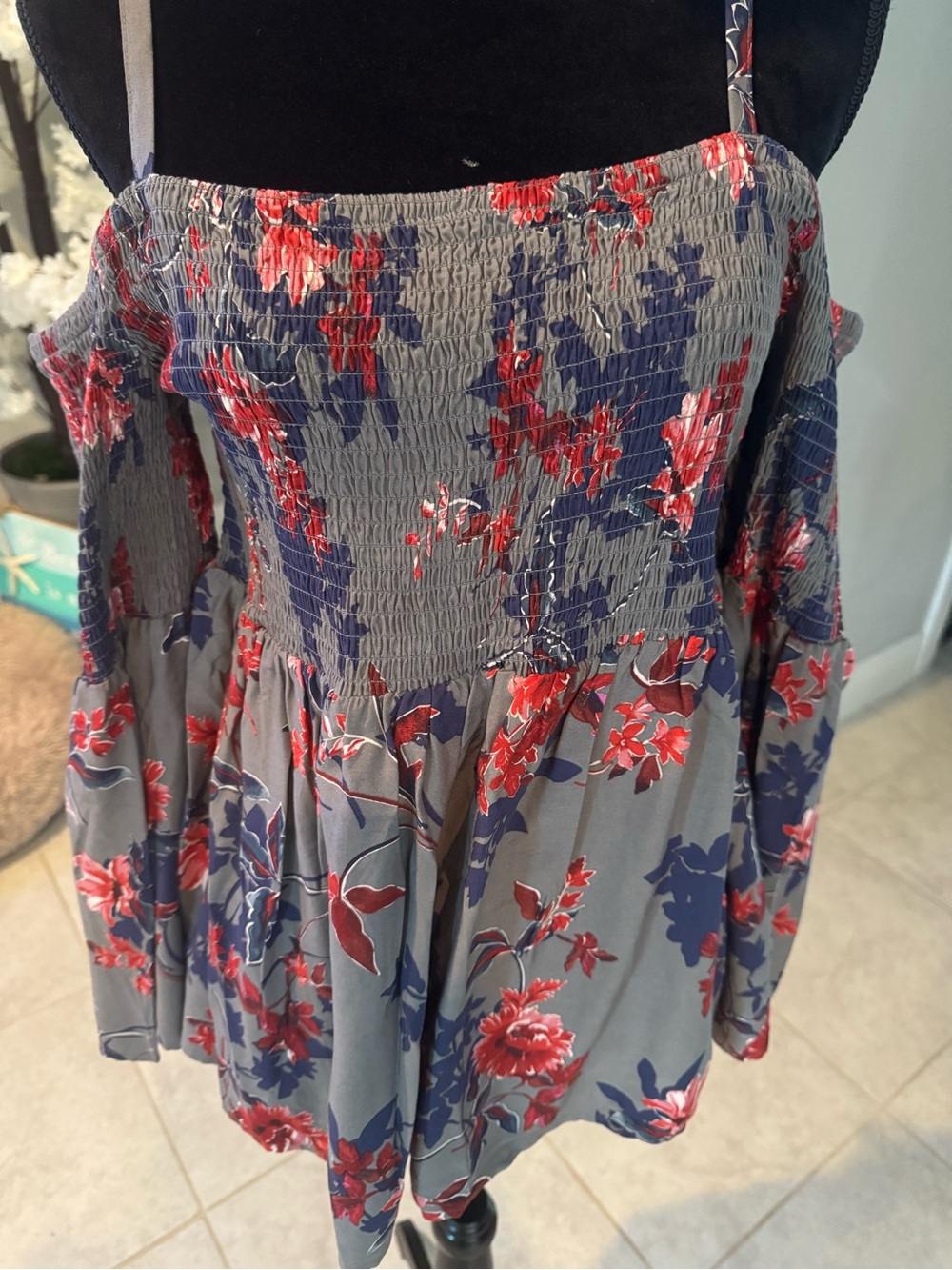 torrid Gray Floral Smocked Off-Shoulder Top with Red & Navy Accents MWT